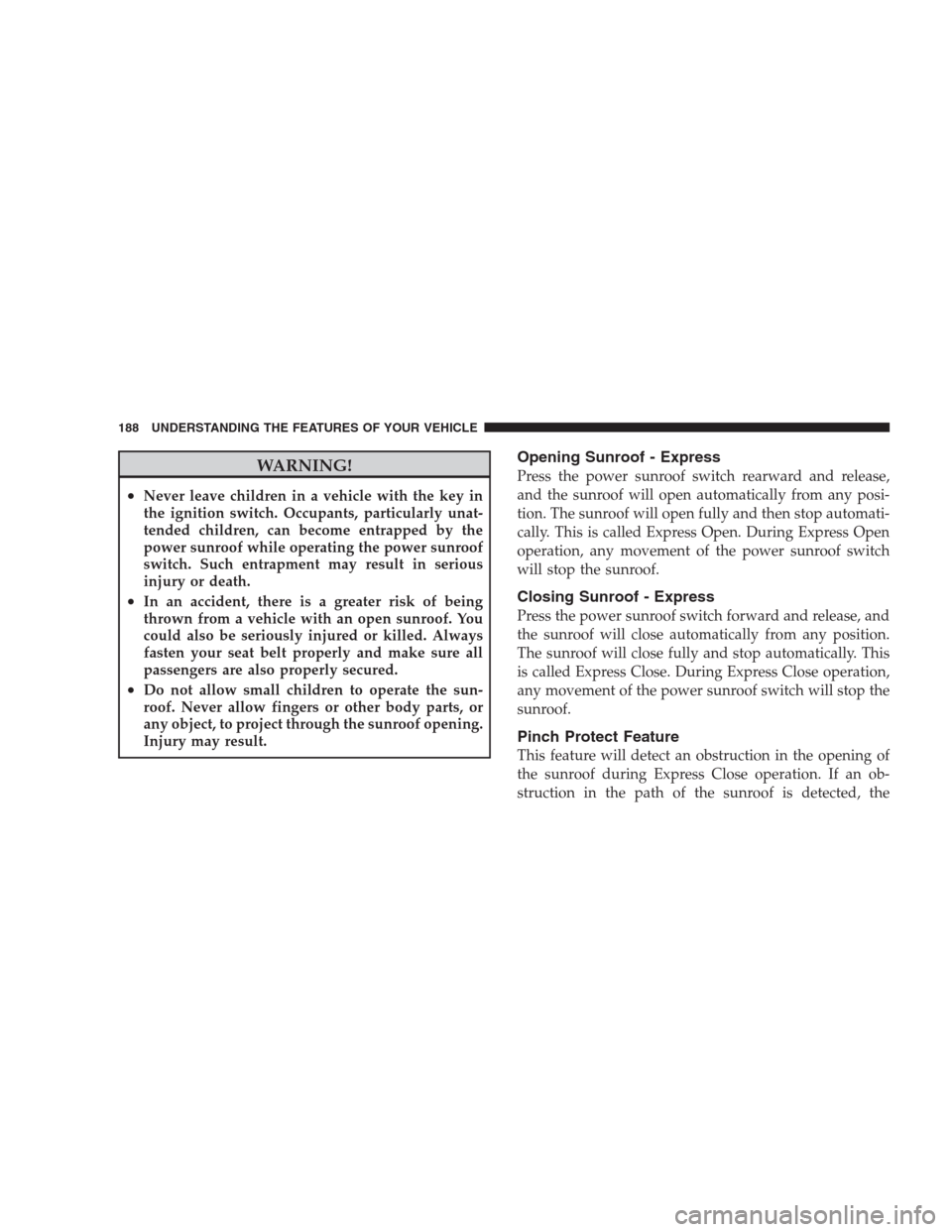 CHRYSLER 300 SRT 2009 1.G Owners Manual WARNING!
•Never leave children in a vehicle with the key in
the ignition switch. Occupants, particularly unat-
tended children, can become entrapped by the
power sunroof while operating the power su