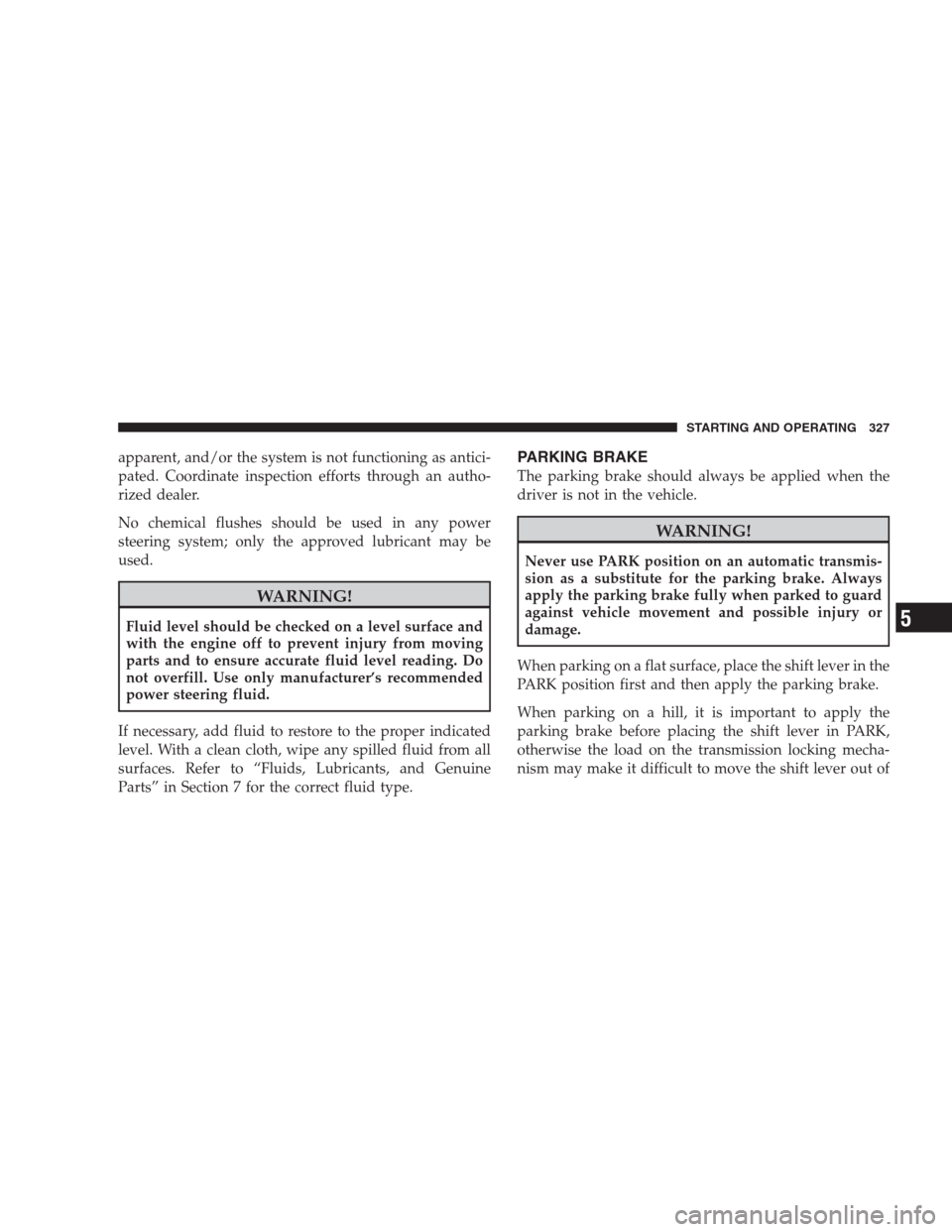 CHRYSLER 300 SRT 2009 1.G Owners Manual apparent, and/or the system is not functioning as antici-
pated. Coordinate inspection efforts through an autho-
rized dealer.
No chemical flushes should be used in any power
steering system; only the