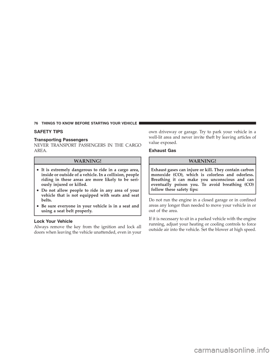 CHRYSLER 300 SRT 2009 1.G Manual PDF SAFETY TIPS
Transporting Passengers
NEVER TRANSPORT PASSENGERS IN THE CARGO
AREA.
WARNING!
•It is extremely dangerous to ride in a cargo area,
inside or outside of a vehicle. In a collision, people

