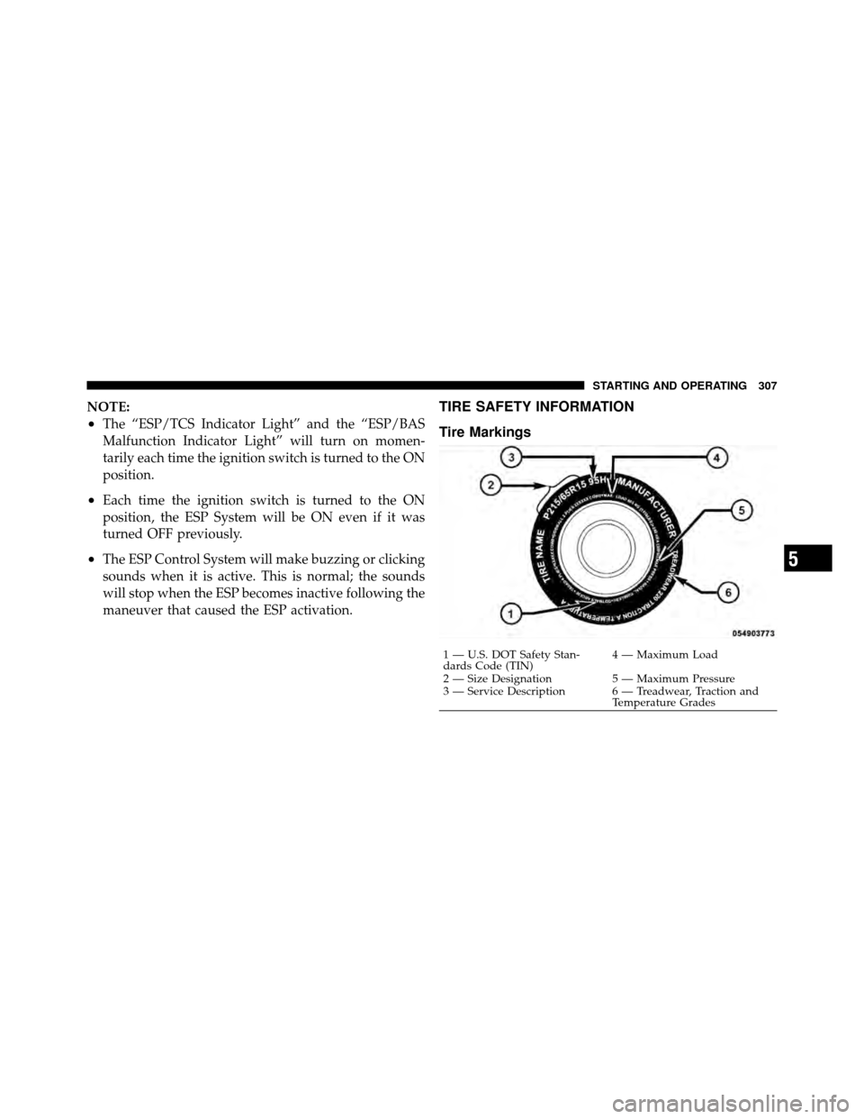 CHRYSLER 300 SRT 2010 1.G Owners Manual NOTE:
•The “ESP/TCS Indicator Light” and the “ESP/BAS
Malfunction Indicator Light” will turn on momen-
tarily each time the ignition switch is turned to the ON
position.
•Each time the ign