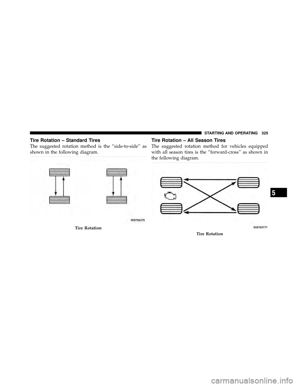 CHRYSLER 300 SRT 2010 1.G Owners Manual Tire Rotation – Standard Tires
The suggested rotation method is the “side-to-side” as
shown in the following diagram.
Tire Rotation – All Season Tires
The suggested rotation method for vehicle