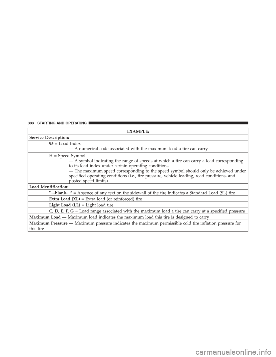 CHRYSLER 300 SRT 2012 2.G Owners Manual EXAMPLE:
Service Description: 95= Load Index
— A numerical code associated with the maximum load a tire can carry
H = Speed Symbol
— A symbol indicating the range of speeds at which a tire can car