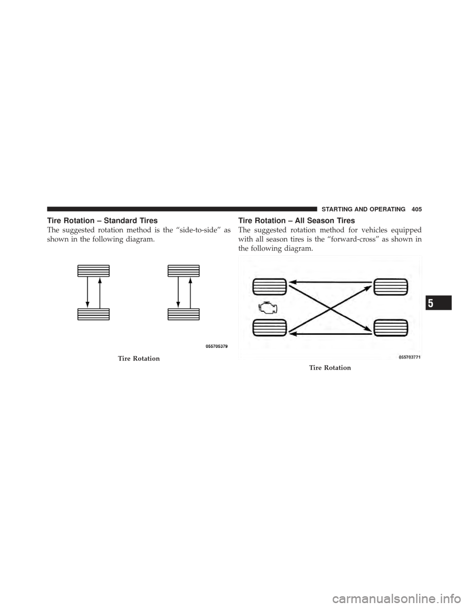 CHRYSLER 300 SRT 2012 2.G Owners Manual Tire Rotation – Standard Tires
The suggested rotation method is the “side-to-side” as
shown in the following diagram.
Tire Rotation – All Season Tires
The suggested rotation method for vehicle CHRYSLER 300 SRT 2012 2.G Owners Manual Tire Rotation – Standard Tires
The suggested rotation method is the “side-to-side” as
shown in the following diagram.
Tire Rotation – All Season Tires
The suggested rotation method for vehicle