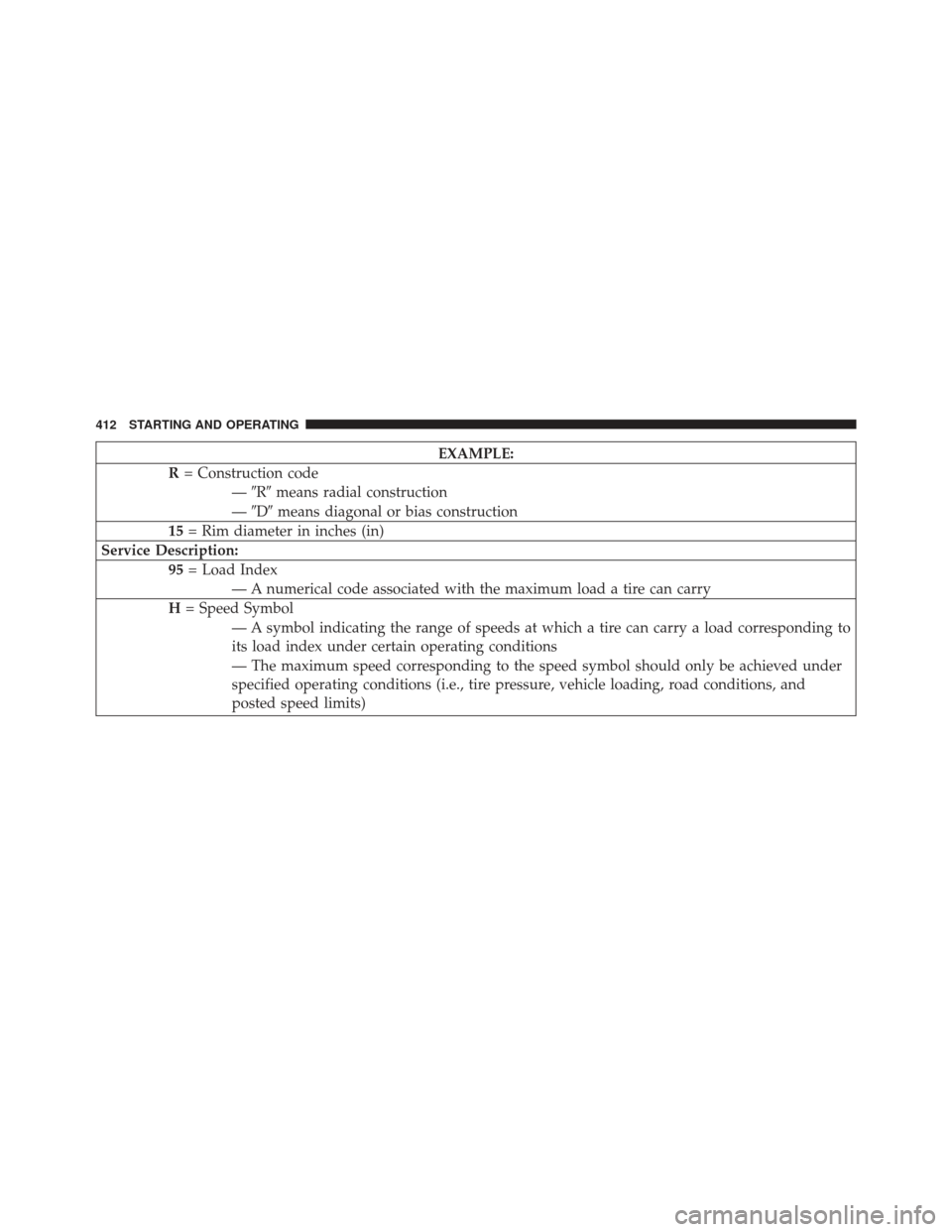 CHRYSLER 300 SRT 2013 2.G Owners Manual EXAMPLE:
R = Construction code
—R means radial construction
— D means diagonal or bias construction
15 = Rim diameter in inches (in)
Service Description: 95= Load Index
— A numerical code as