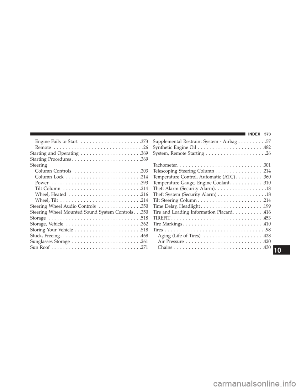 CHRYSLER 300 SRT 2013 2.G Owners Manual Engine Fails to Start.....................373
Remote ...............................26
Starting and Operating .....................369
Starting Procedures ....................... .369
Steering Column 