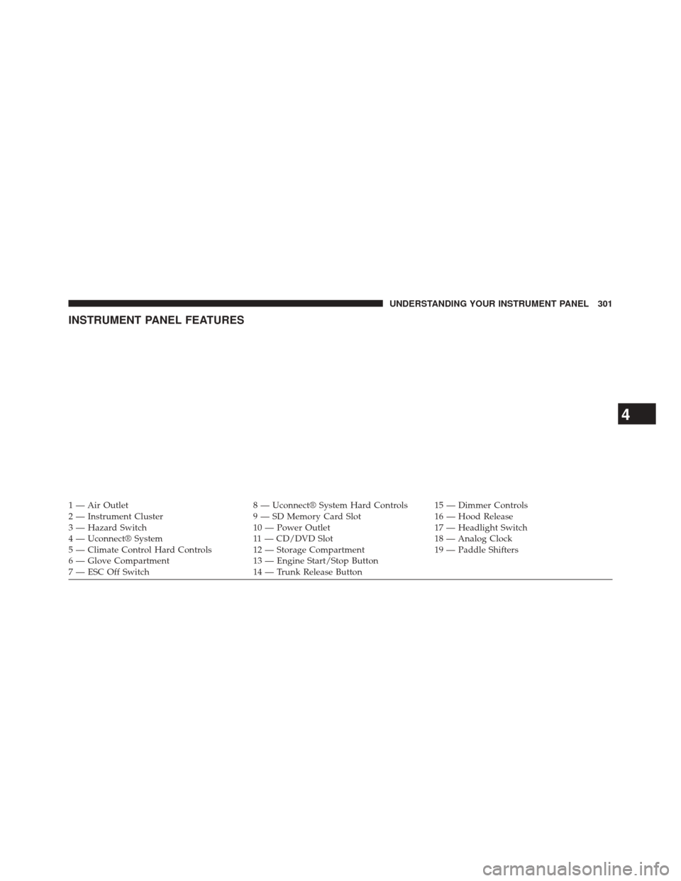 CHRYSLER 300 SRT 2014 2.G Owners Manual INSTRUMENT PANEL FEATURES
1 — Air Outlet8 — Uconnect® System Hard Controls 15 — Dimmer Controls
2 — Instrument Cluster 9 — SD Memory Card Slot16 — Hood Release
3 — Hazard Switch 10 — 