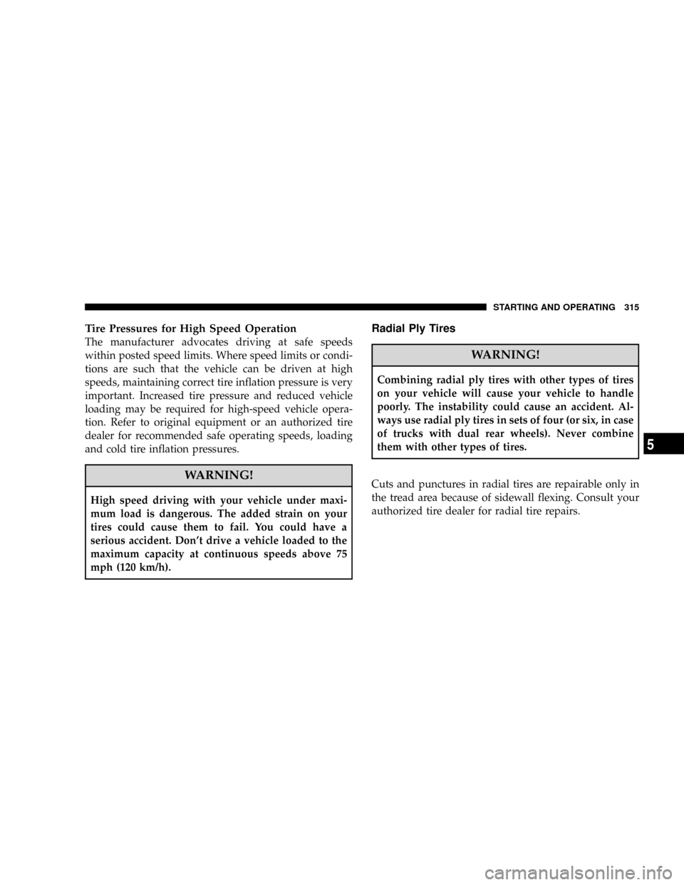 CHRYSLER ASPEN 2008 2.G Owners Manual Tire Pressures for High Speed Operation
The manufacturer advocates driving at safe speeds
within posted speed limits. Where speed limits or condi-
tions are such that the vehicle can be driven at high