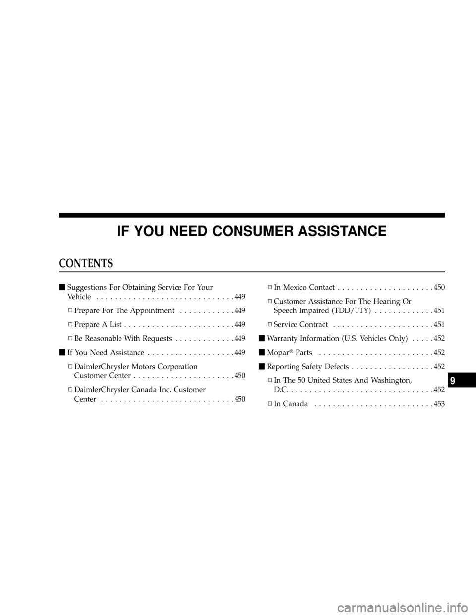 CHRYSLER ASPEN 2008 2.G Owners Manual IF YOU NEED CONSUMER ASSISTANCE
CONTENTS
mSuggestions For Obtaining Service For Your
Vehicle..............................449
NPrepare For The Appointment............449
NPrepare A List............... CHRYSLER ASPEN 2008 2.G Owners Manual IF YOU NEED CONSUMER ASSISTANCE
CONTENTS
mSuggestions For Obtaining Service For Your
Vehicle..............................449
NPrepare For The Appointment............449
NPrepare A List...............