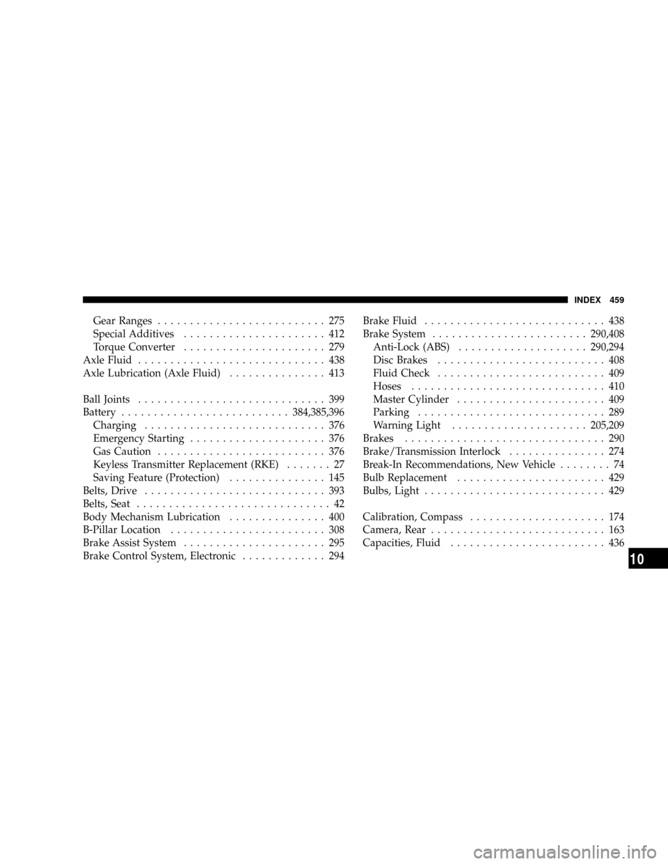 CHRYSLER ASPEN 2008 2.G User Guide Gear Ranges.......................... 275
Special Additives...................... 412
Torque Converter...................... 279
Axle Fluid............................. 438
Axle Lubrication (Axle Flui