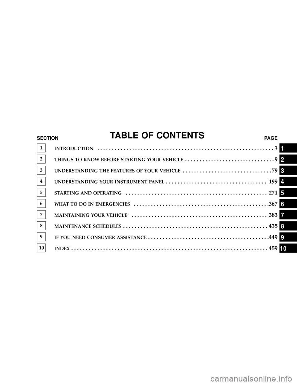 CHRYSLER ASPEN 2009 2.G Owners Manual TABLE OF CONTENTSSECTIONPAGE
1INTRODUCTION.............................................................3
2THINGS TO KNOW BEFORE STARTING YOUR VEHICLE...............................9
3UNDERSTANDING THE