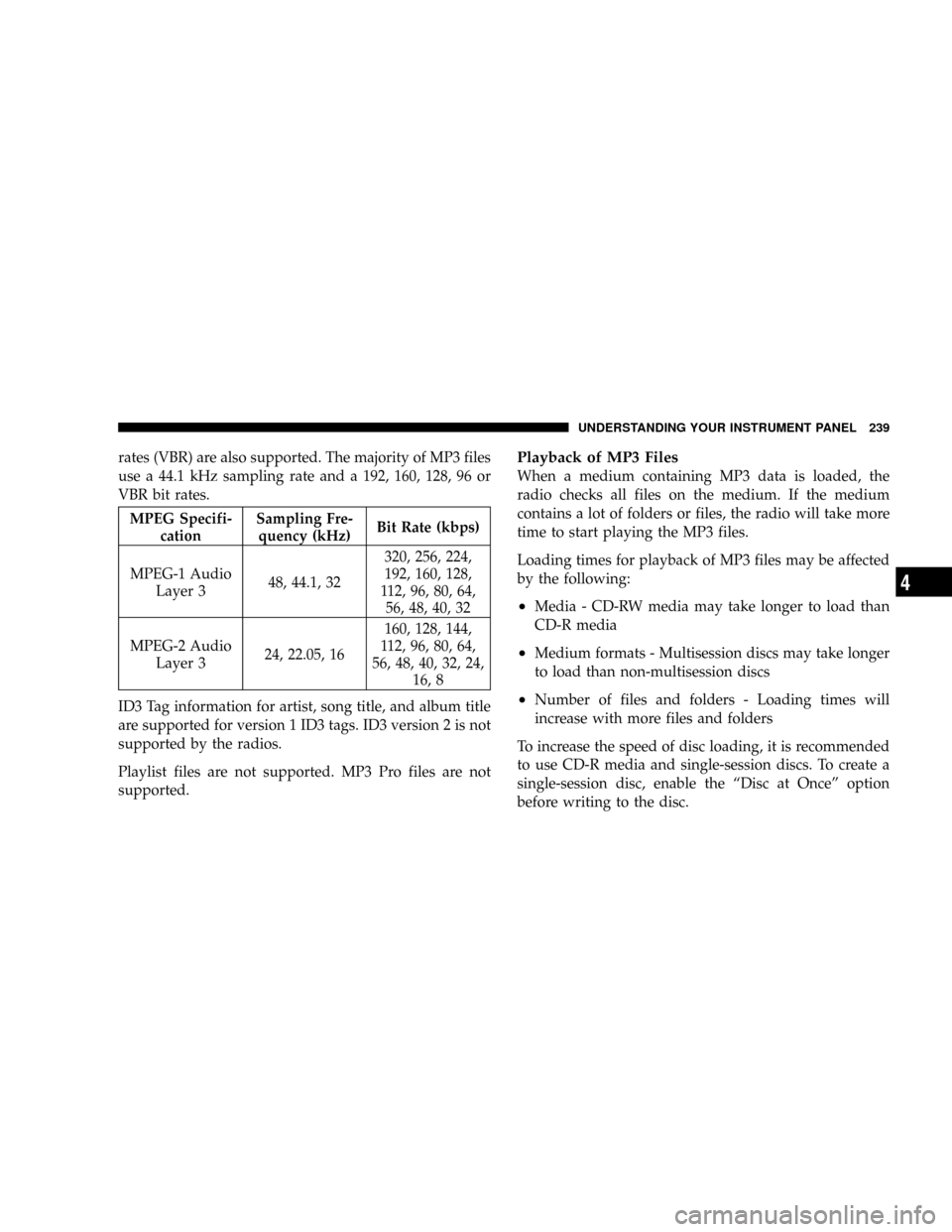CHRYSLER ASPEN 2009 2.G Owners Manual rates (VBR) are also supported. The majority of MP3 files
use a 44.1 kHz sampling rate and a 192, 160, 128, 96 or
VBR bit rates.
MPEG Specifi-
cationSampling Fre-
quency (kHz)Bit Rate (kbps)
MPEG-1 Au CHRYSLER ASPEN 2009 2.G Owners Manual rates (VBR) are also supported. The majority of MP3 files
use a 44.1 kHz sampling rate and a 192, 160, 128, 96 or
VBR bit rates.
MPEG Specifi-
cationSampling Fre-
quency (kHz)Bit Rate (kbps)
MPEG-1 Au