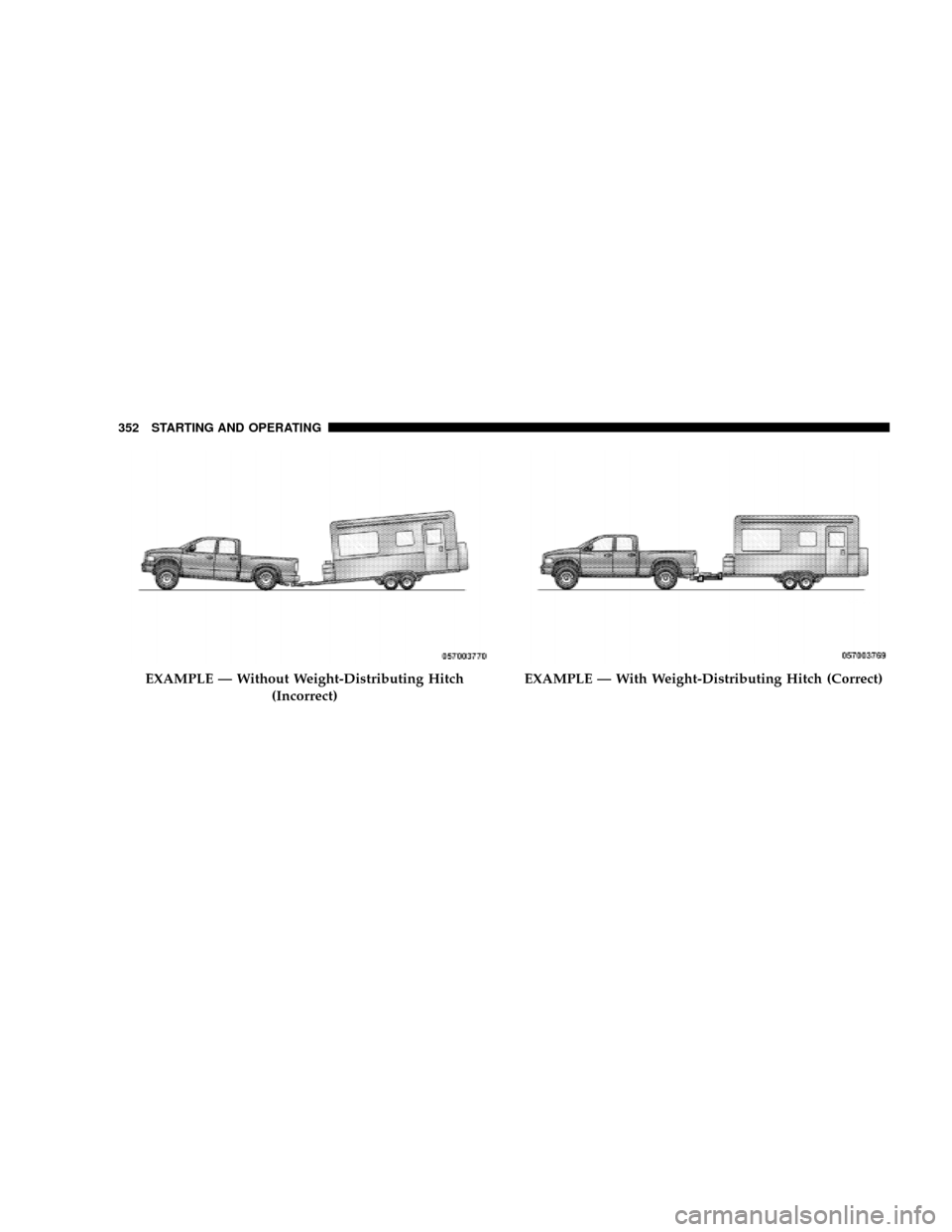 CHRYSLER ASPEN 2009 2.G Owners Manual EXAMPLE Ð Without Weight-Distributing Hitch
(Incorrect)EXAMPLE Ð With Weight-Distributing Hitch (Correct)
352 STARTING AND OPERATING CHRYSLER ASPEN 2009 2.G Owners Manual EXAMPLE Ð Without Weight-Distributing Hitch
(Incorrect)EXAMPLE Ð With Weight-Distributing Hitch (Correct)
352 STARTING AND OPERATING