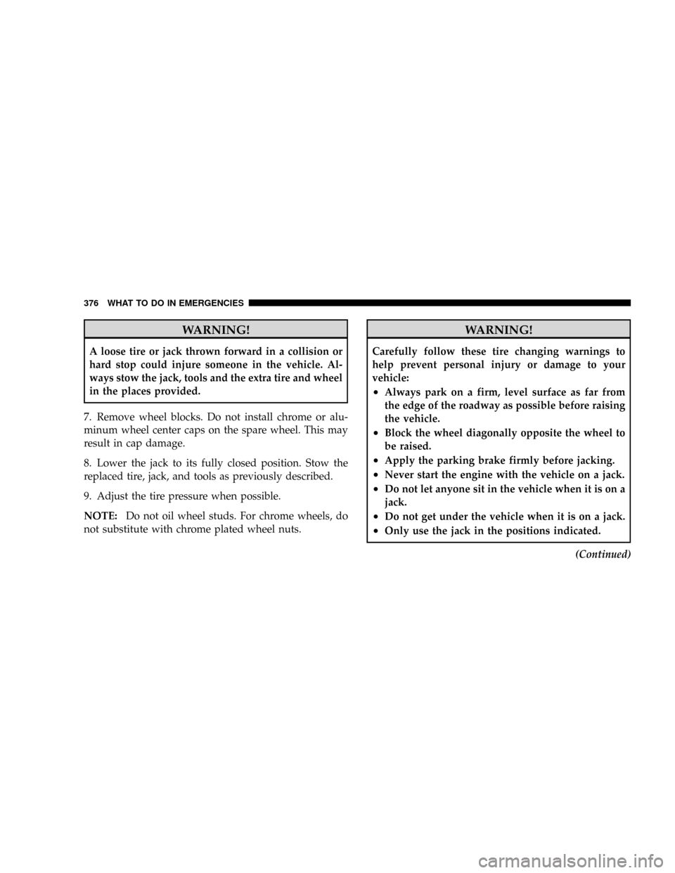 CHRYSLER ASPEN 2009 2.G Manual Online WARNING!
A loose tire or jack thrown forward in a collision or
hard stop could injure someone in the vehicle. Al-
ways stow the jack, tools and the extra tire and wheel
in the places provided.
7. Remo