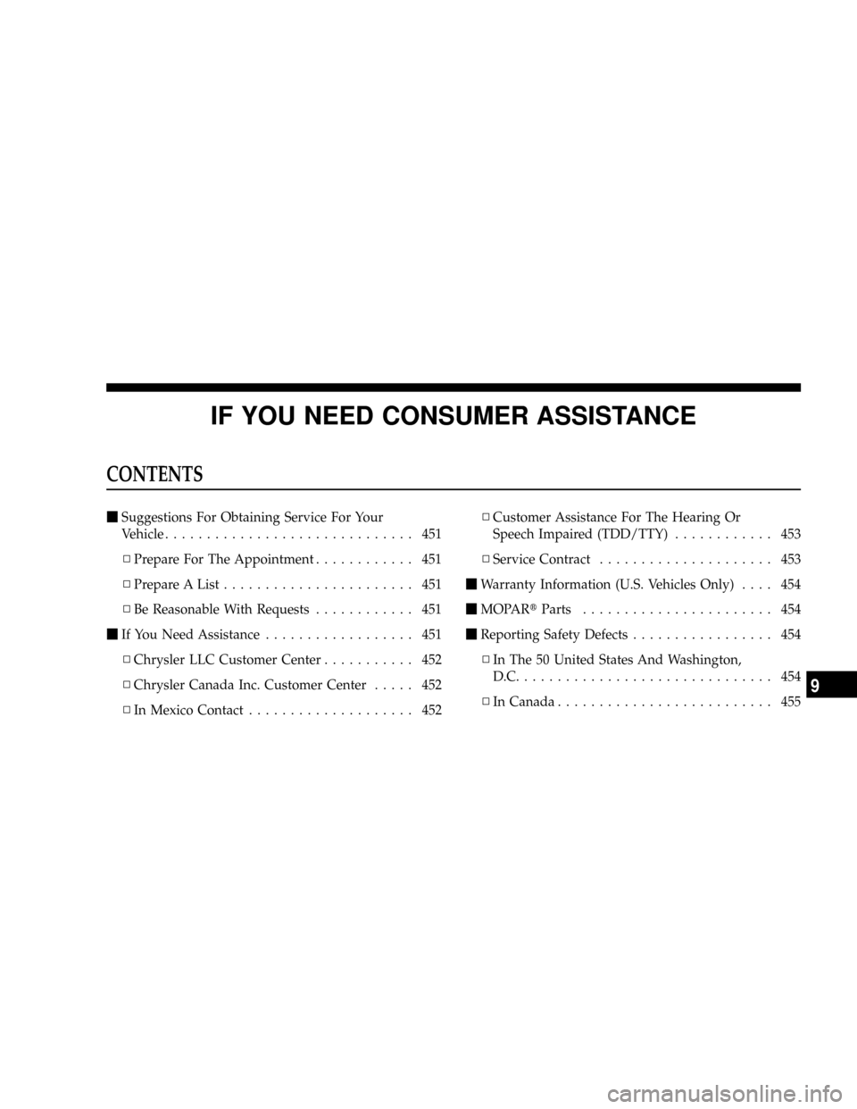 CHRYSLER ASPEN 2009 2.G Owners Manual IF YOU NEED CONSUMER ASSISTANCE
CONTENTS
mSuggestions For Obtaining Service For Your
Vehicle.............................. 451
NPrepare For The Appointment............ 451
NPrepare A List............. CHRYSLER ASPEN 2009 2.G Owners Manual IF YOU NEED CONSUMER ASSISTANCE
CONTENTS
mSuggestions For Obtaining Service For Your
Vehicle.............................. 451
NPrepare For The Appointment............ 451
NPrepare A List.............