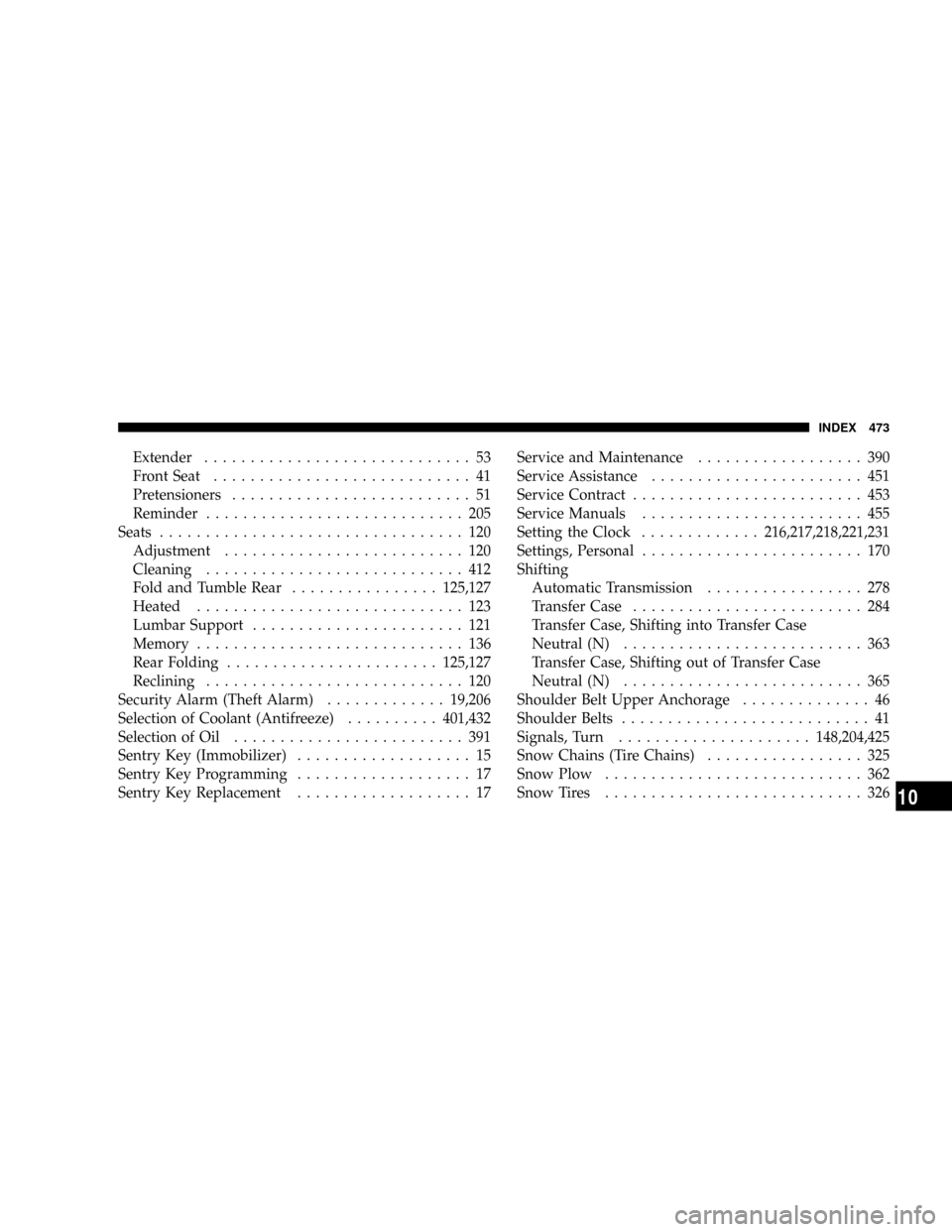 CHRYSLER ASPEN 2009 2.G Service Manual Extender............................. 53
Front Seat............................ 41
Pretensioners.......................... 51
Reminder............................ 205
Seats............................