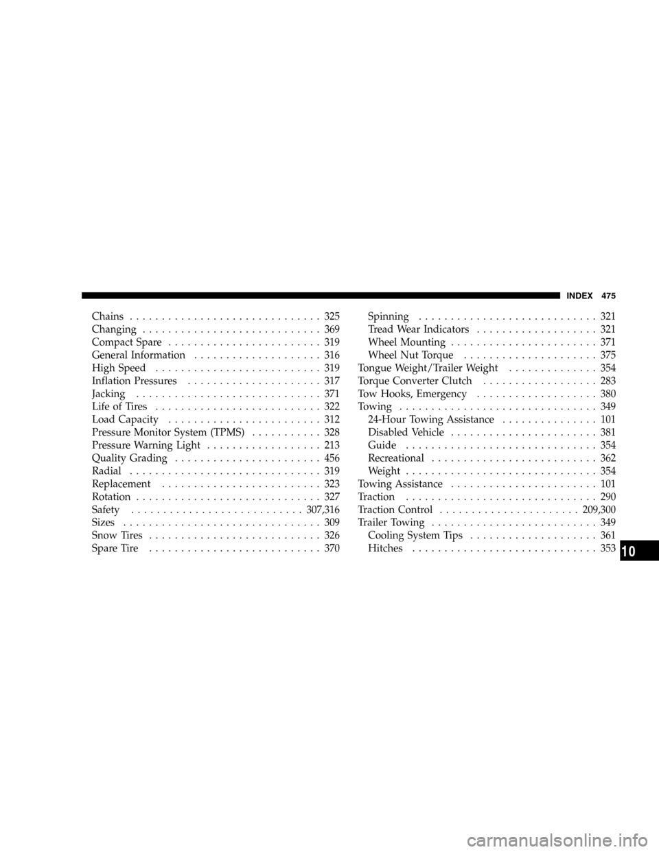 CHRYSLER ASPEN 2009 2.G User Guide Chains.............................. 325
Changing............................ 369
Compact Spare........................ 319
General Information.................... 316
High Speed......................