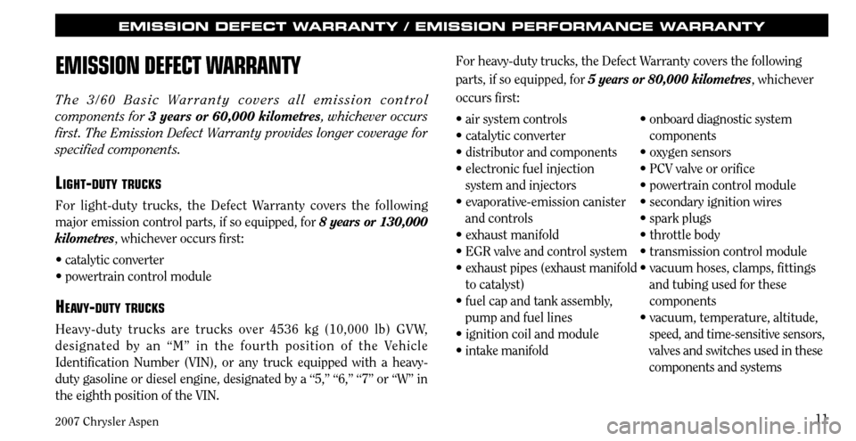 CHRYSLER ASPEN HYBRID 2007 2.G Warranty Booklet 
2007 Chrysler Aspen
11
EmISSION DEfECT WARRANTY / EmISSION PERfORmANCE W ARRANTY
EM iSS iON  dE fECT  Wa RRaNTY
T h e   3 / 6 0   B a s i c   Wa r r a n t y   c o v e r s   a l l   e m i s s i o n   