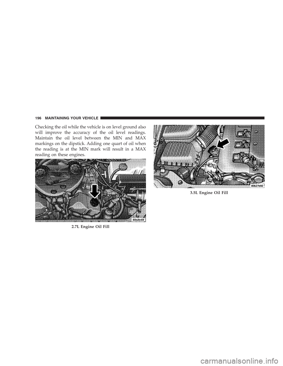 CHRYSLER CONCORDE 2004 2.G Service Manual Checking the oil while the vehicle is on level ground also
will improve the accuracy of the oil level readings.
Maintain the oil level between the MIN and MAX
markings on the dipstick. Adding one quar