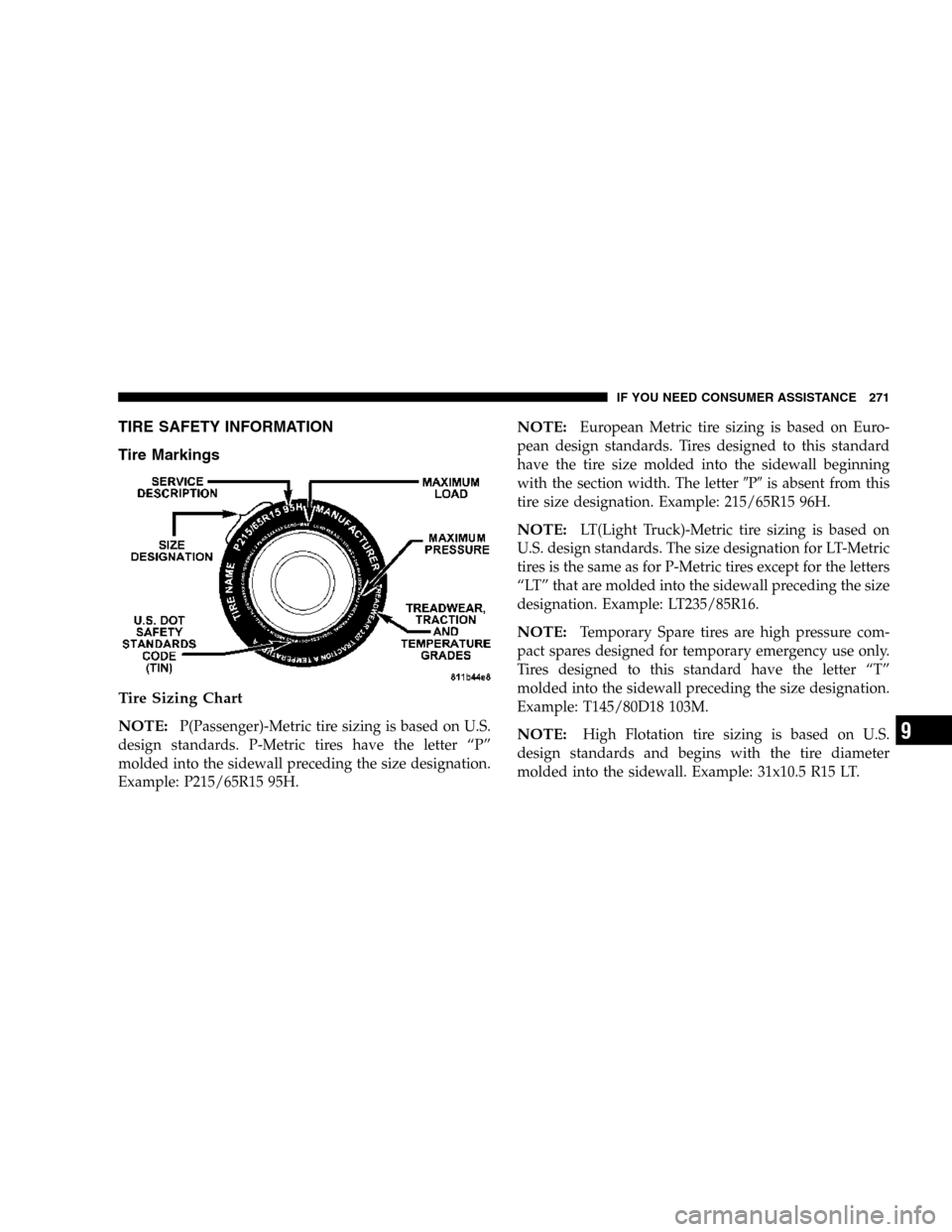 CHRYSLER CROSSFIRE 2006 1.G Owners Manual TIRE SAFETY INFORMATION
Tire Markings
Tire Sizing Chart
NOTE:
P(Passenger)-Metric tire sizing is based on U.S.
design standards. P-Metric tires have the letter “P”
molded into the sidewall precedi