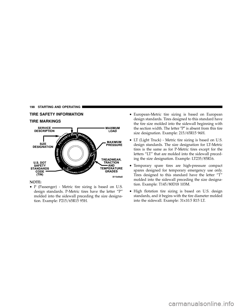 CHRYSLER CROSSFIRE 2008 1.G Owners Manual TIRE SAFETY INFORMATION
TIRE MARKINGS
NOTE:
²P (Passenger) - Metric tire sizing is based on U.S.
design standards. P-Metric tires have the letter ªPº
molded into the sidewall preceding the size des CHRYSLER CROSSFIRE 2008 1.G Owners Manual TIRE SAFETY INFORMATION
TIRE MARKINGS
NOTE:
²P (Passenger) - Metric tire sizing is based on U.S.
design standards. P-Metric tires have the letter ªPº
molded into the sidewall preceding the size des