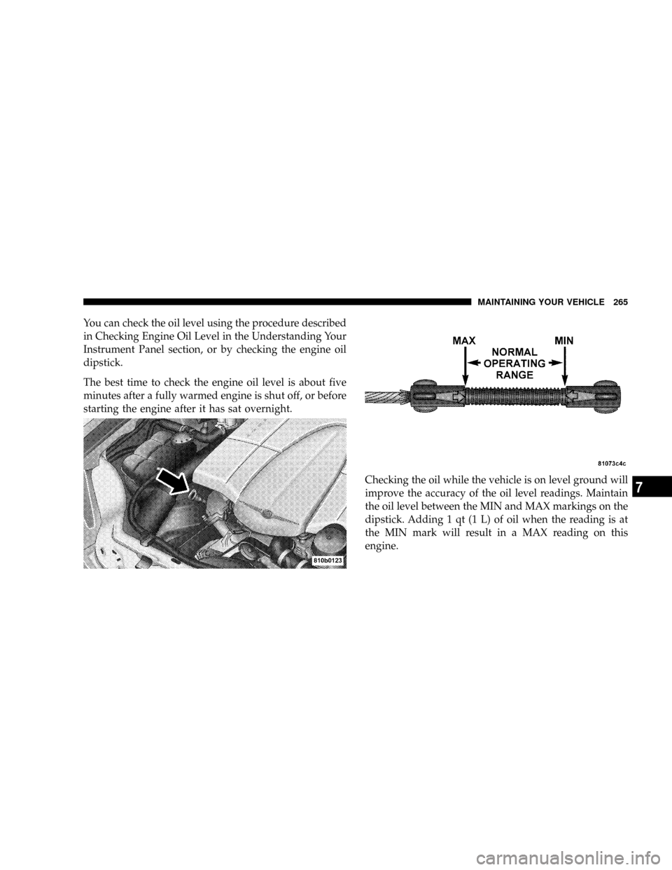 CHRYSLER CROSSFIRE 2008 1.G Owners Manual You can check the oil level using the procedure described
in Checking Engine Oil Level in the Understanding Your
Instrument Panel section, or by checking the engine oil
dipstick.
The best time to chec CHRYSLER CROSSFIRE 2008 1.G Owners Manual You can check the oil level using the procedure described
in Checking Engine Oil Level in the Understanding Your
Instrument Panel section, or by checking the engine oil
dipstick.
The best time to chec