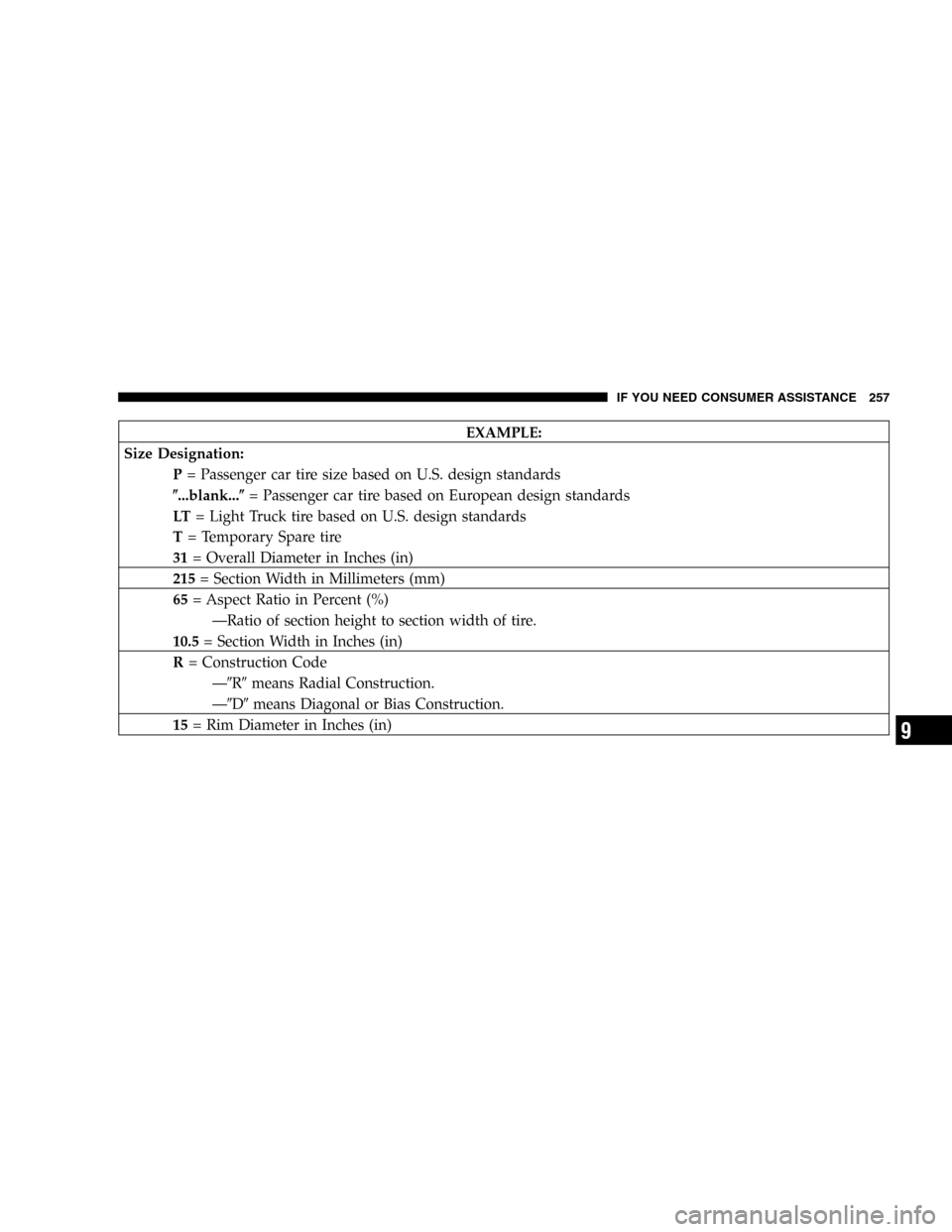 CHRYSLER CROSSFIRE SRT 2005 1.G Owners Manual EXAMPLE:
Size Designation:
P= Passenger car tire size based on U.S. design standards
...blank...= Passenger car tire based on European design standards
LT= Light Truck tire based on U.S. design stan