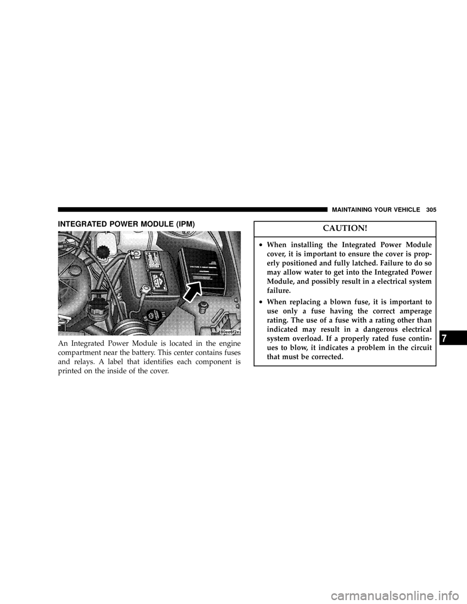 CHRYSLER PACIFICA 2004 1.G Owners Manual INTEGRATED POWER MODULE (IPM)
An Integrated Power Module is located in the engine
compartment near the battery. This center contains fuses
and relays. A label that identifies each component is
printed