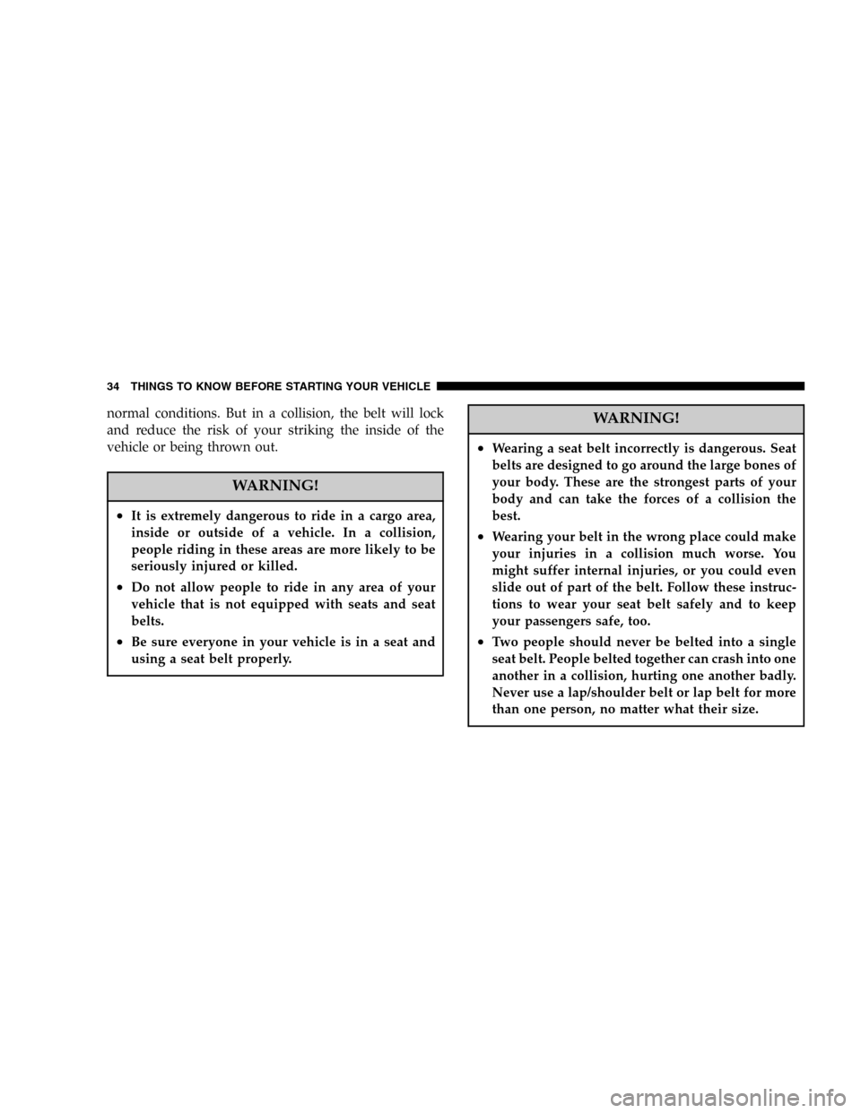 CHRYSLER PACIFICA 2005 1.G Owners Guide normal conditions. But in a collision, the belt will lock
and reduce the risk of your striking the inside of the
vehicle or being thrown out.
WARNING!
•It is extremely dangerous to ride in a cargo a CHRYSLER PACIFICA 2005 1.G Owners Guide normal conditions. But in a collision, the belt will lock
and reduce the risk of your striking the inside of the
vehicle or being thrown out.
WARNING!
•It is extremely dangerous to ride in a cargo a