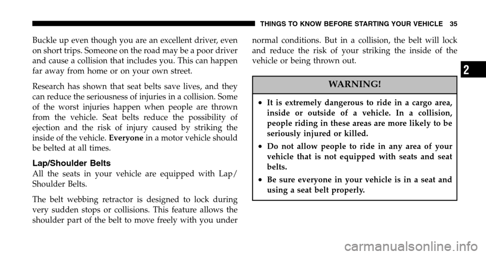 CHRYSLER PACIFICA 2006 1.G Owners Guide Buckle up even though you are an excellent driver, even 
on short trips. Someone on the road may be a poor driver
and cause a collision that includes you. This can happen
far away from home or on your