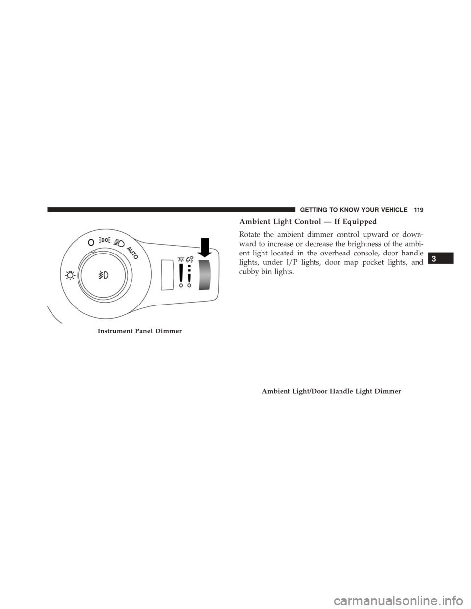 CHRYSLER PACIFICA 2017 2.G Owners Manual Ambient Light Control — If Equipped
Rotate the ambient dimmer control upward or down-
ward to increase or decrease the brightness of the ambi-
ent light located in the overhead console, door handle
