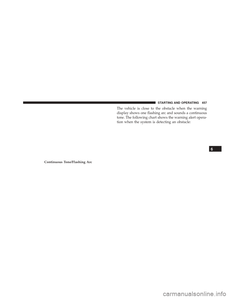 CHRYSLER PACIFICA 2017 2.G Owners Manual The vehicle is close to the obstacle when the warning
display shows one flashing arc and sounds a continuous
tone. The following chart shows the warning alert opera-
tion when the system is detecting 