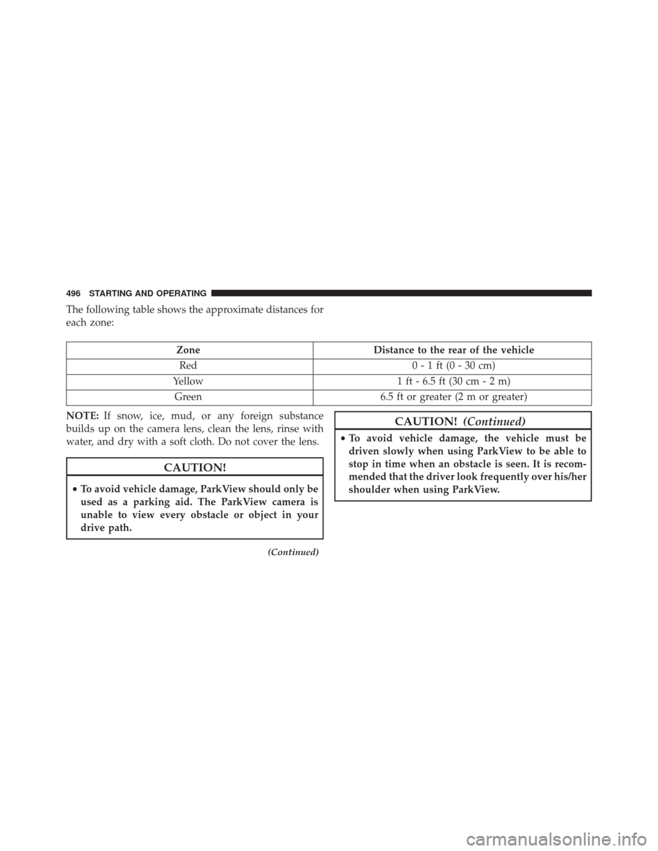 CHRYSLER PACIFICA 2017 2.G Owners Manual The following table shows the approximate distances for
each zone:
ZoneDistance to the rear of the vehicle
Red 0 - 1 ft (0 - 30 cm)
Yellow 1 ft - 6.5 ft (30 cm - 2 m)
Green 6.5 ft or greater (2 m or g