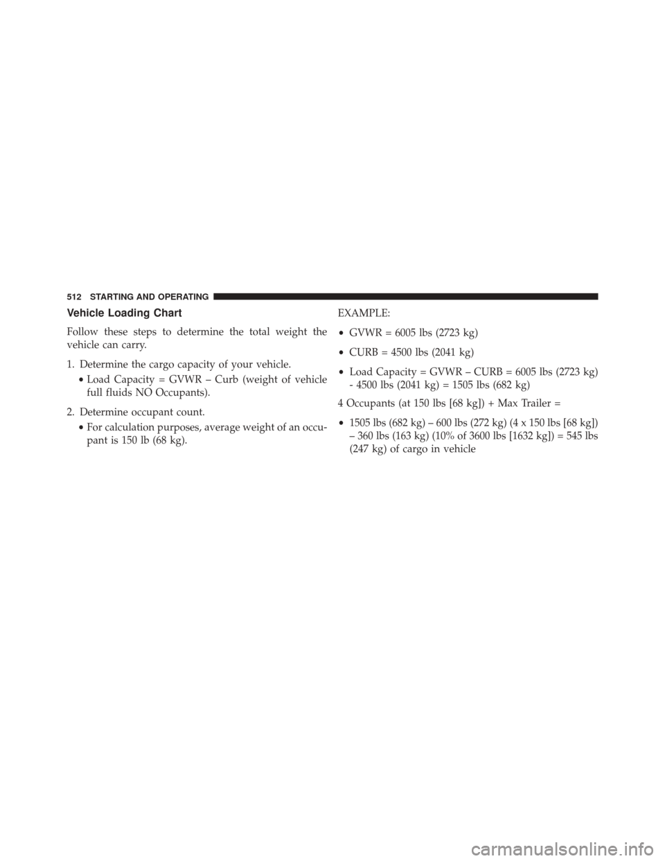 CHRYSLER PACIFICA 2017 2.G Owners Manual Vehicle Loading Chart
Follow these steps to determine the total weight the
vehicle can carry.
1. Determine the cargo capacity of your vehicle.•Load Capacity = GVWR – Curb (weight of vehicle
full f CHRYSLER PACIFICA 2017 2.G Owners Manual Vehicle Loading Chart
Follow these steps to determine the total weight the
vehicle can carry.
1. Determine the cargo capacity of your vehicle.•Load Capacity = GVWR – Curb (weight of vehicle
full f