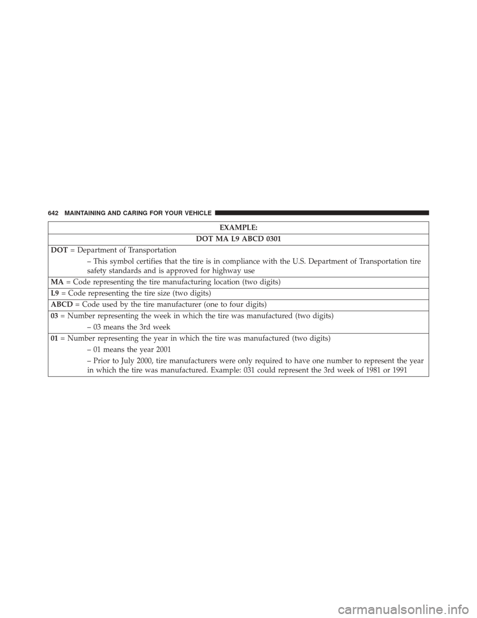 CHRYSLER PACIFICA 2017 2.G Owners Manual EXAMPLE:
DOT MA L9 ABCD 0301
DOT = Department of Transportation
– This symbol certifies that the tire is in compliance with the U.S. Department of Transportation tire
safety standards and is approve CHRYSLER PACIFICA 2017 2.G Owners Manual EXAMPLE:
DOT MA L9 ABCD 0301
DOT = Department of Transportation
– This symbol certifies that the tire is in compliance with the U.S. Department of Transportation tire
safety standards and is approve