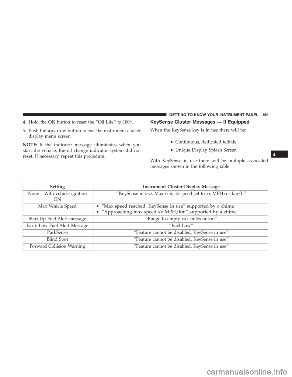 CHRYSLER PACIFICA HYBRID 2017 2.G Owners Manual 4. Hold theOKbutton to reset the “Oil Life” to 100%.
5. Push the uparrow button to exit the instrument cluster
display menu screen.
NOTE: If the indicator message illuminates when you
start the ve