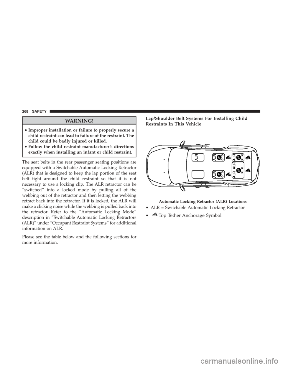 CHRYSLER PACIFICA HYBRID 2017 2.G Owners Manual WARNING!
•Improper installation or failure to properly secure a
child restraint can lead to failure of the restraint. The
child could be badly injured or killed.
• Follow the child restraint manuf CHRYSLER PACIFICA HYBRID 2017 2.G Owners Manual WARNING!
•Improper installation or failure to properly secure a
child restraint can lead to failure of the restraint. The
child could be badly injured or killed.
• Follow the child restraint manuf