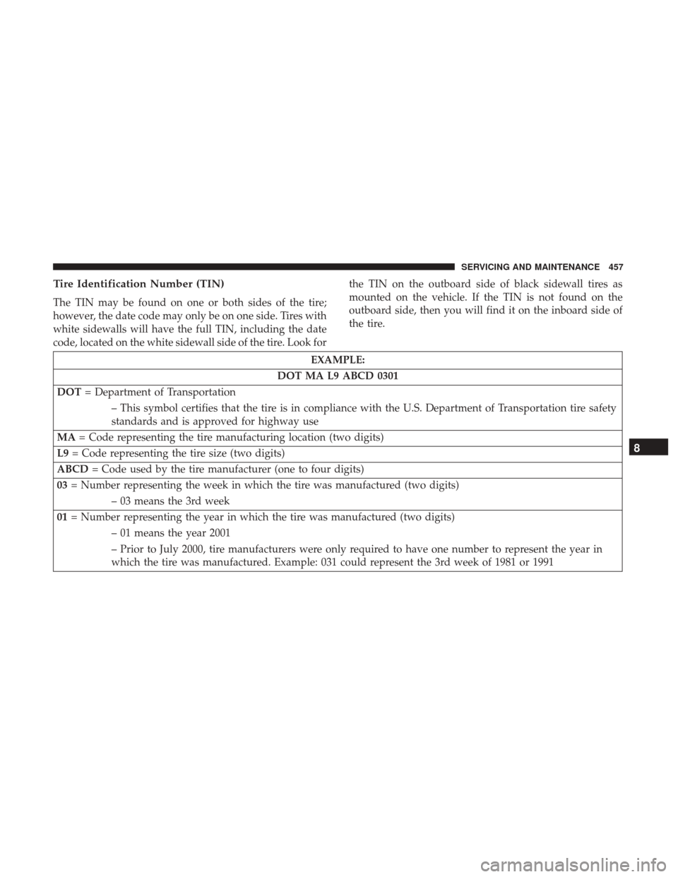 CHRYSLER PACIFICA HYBRID 2017 2.G Owners Manual Tire Identification Number (TIN)
The TIN may be found on one or both sides of the tire;
however, the date code may only be on one side. Tires with
white sidewalls will have the full TIN, including the CHRYSLER PACIFICA HYBRID 2017 2.G Owners Manual Tire Identification Number (TIN)
The TIN may be found on one or both sides of the tire;
however, the date code may only be on one side. Tires with
white sidewalls will have the full TIN, including the