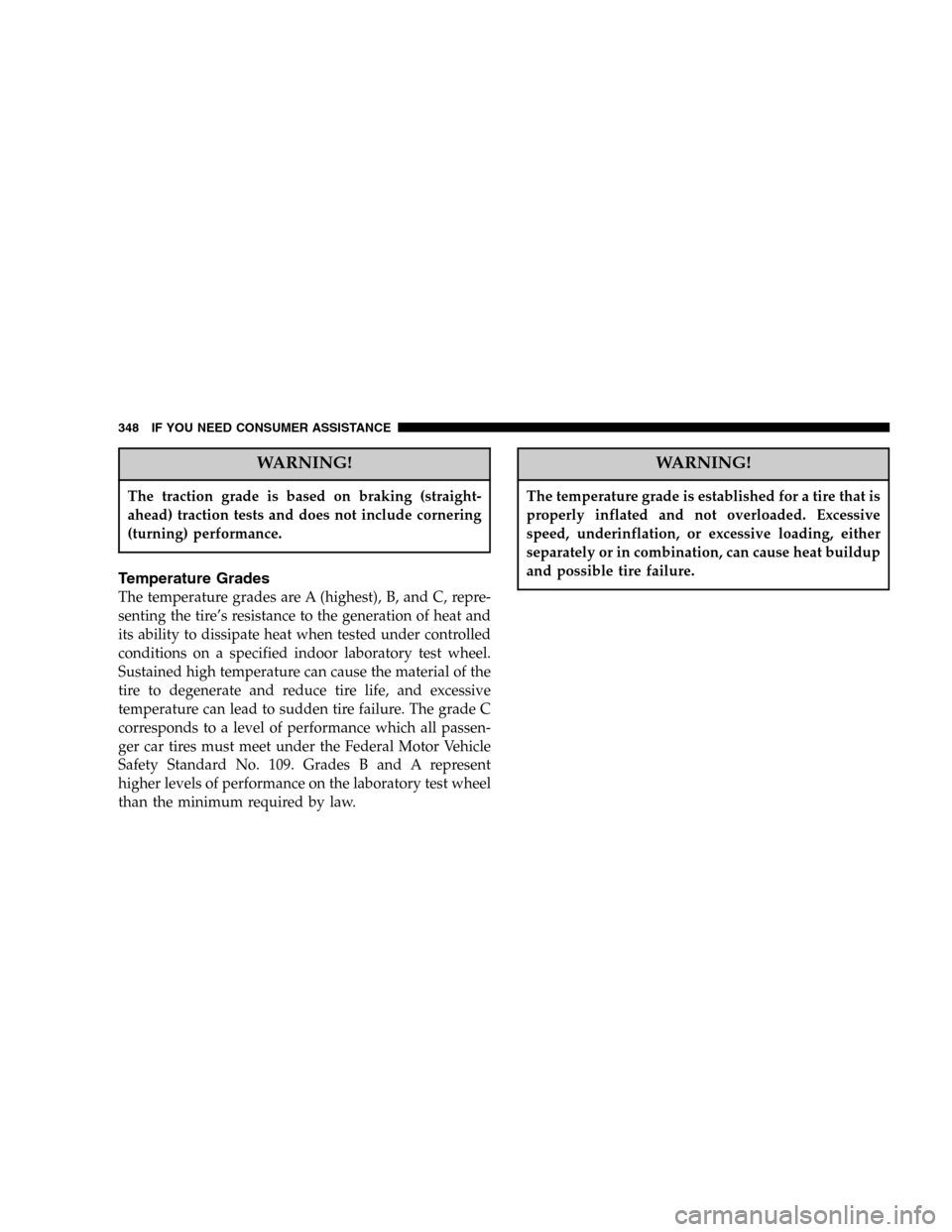 CHRYSLER PT CRUISER 2005 1.G Owners Guide WARNING!
The traction grade is based on braking (straight-
ahead) traction tests and does not include cornering
(turning) performance.
Temperature Grades
The temperature grades are A (highest), B, and CHRYSLER PT CRUISER 2005 1.G Owners Guide WARNING!
The traction grade is based on braking (straight-
ahead) traction tests and does not include cornering
(turning) performance.
Temperature Grades
The temperature grades are A (highest), B, and