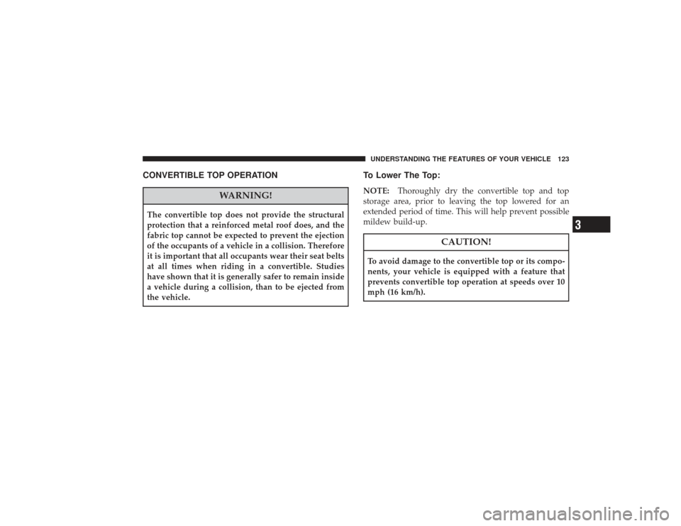 CHRYSLER PT CRUISER 2008 1.G Owners Manual CONVERTIBLE TOP OPERATION
WARNING!
The convertible top does not provide the structural
protection that a reinforced metal roof does, and the
fabric top cannot be expected to prevent the ejection
of th