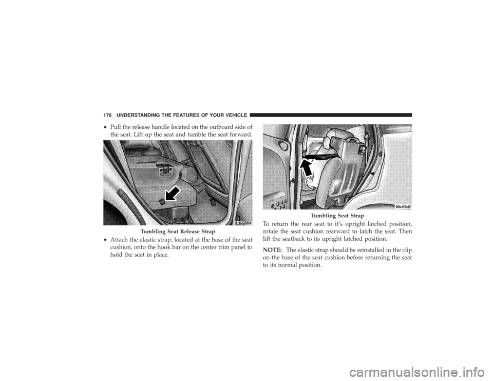 CHRYSLER PT CRUISER 2008 1.G Owners Manual •
Pull the release handle located on the outboard side of
the seat. Lift up the seat and tumble the seat forward.
•
Attach the elastic strap, located at the base of the seat
cushion, onto the hook CHRYSLER PT CRUISER 2008 1.G Owners Manual •
Pull the release handle located on the outboard side of
the seat. Lift up the seat and tumble the seat forward.
•
Attach the elastic strap, located at the base of the seat
cushion, onto the hook