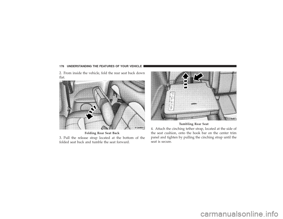 CHRYSLER PT CRUISER 2008 1.G Owners Manual 2. From inside the vehicle, fold the rear seat back down
flat.
3. Pull the release strap located at the bottom of the
folded seat back and tumble the seat forward.4. Attach the cinching tether strap, CHRYSLER PT CRUISER 2008 1.G Owners Manual 2. From inside the vehicle, fold the rear seat back down
flat.
3. Pull the release strap located at the bottom of the
folded seat back and tumble the seat forward.4. Attach the cinching tether strap,