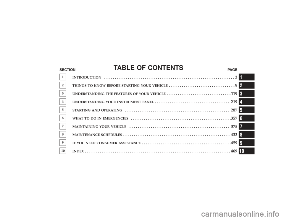 CHRYSLER PT CRUISER 2008 1.G Owners Manual TABLE OF CONTENTS
SECTIONPAGE1
INTRODUCTION
.............................................................3
2
THINGS TO KNOW BEFORE STARTING YOUR VEHICLE
...............................9
3
UNDERSTANDIN