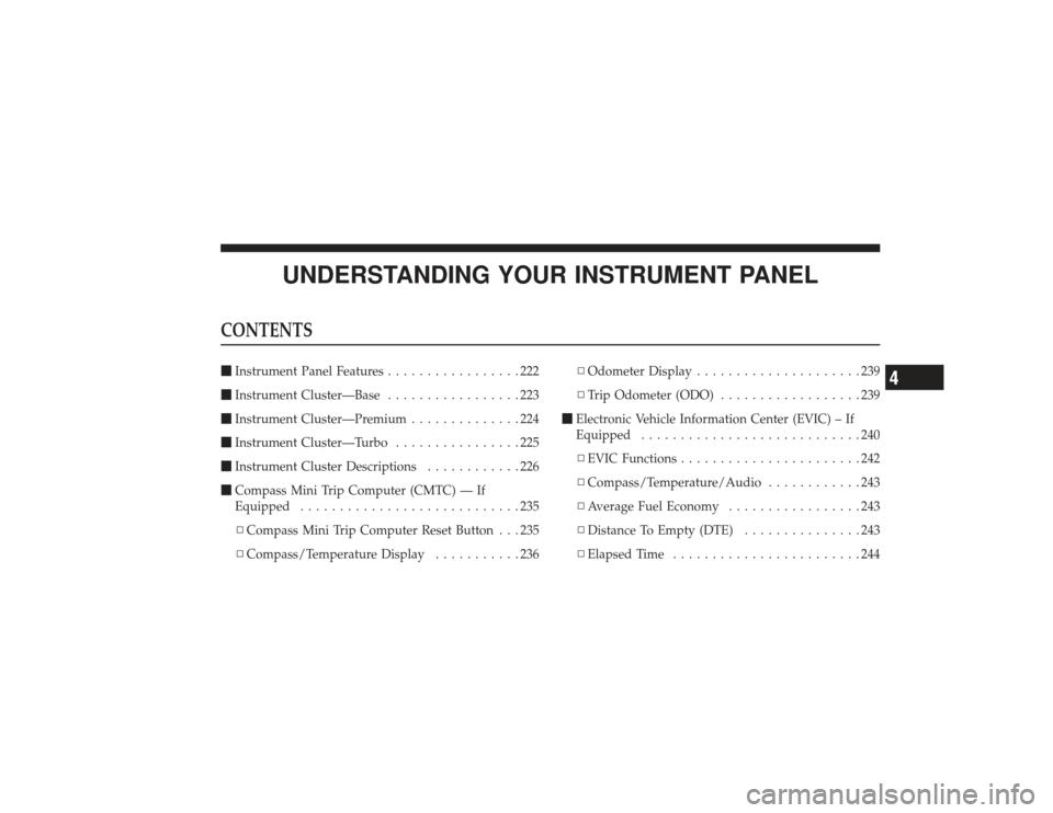 CHRYSLER PT CRUISER 2008 1.G Owners Manual UNDERSTANDING YOUR INSTRUMENT PANEL
CONTENTSInstrument Panel Features .................222
 Instrument Cluster—Base .................223
 Instrument Cluster—Premium ..............224
 Instrume
