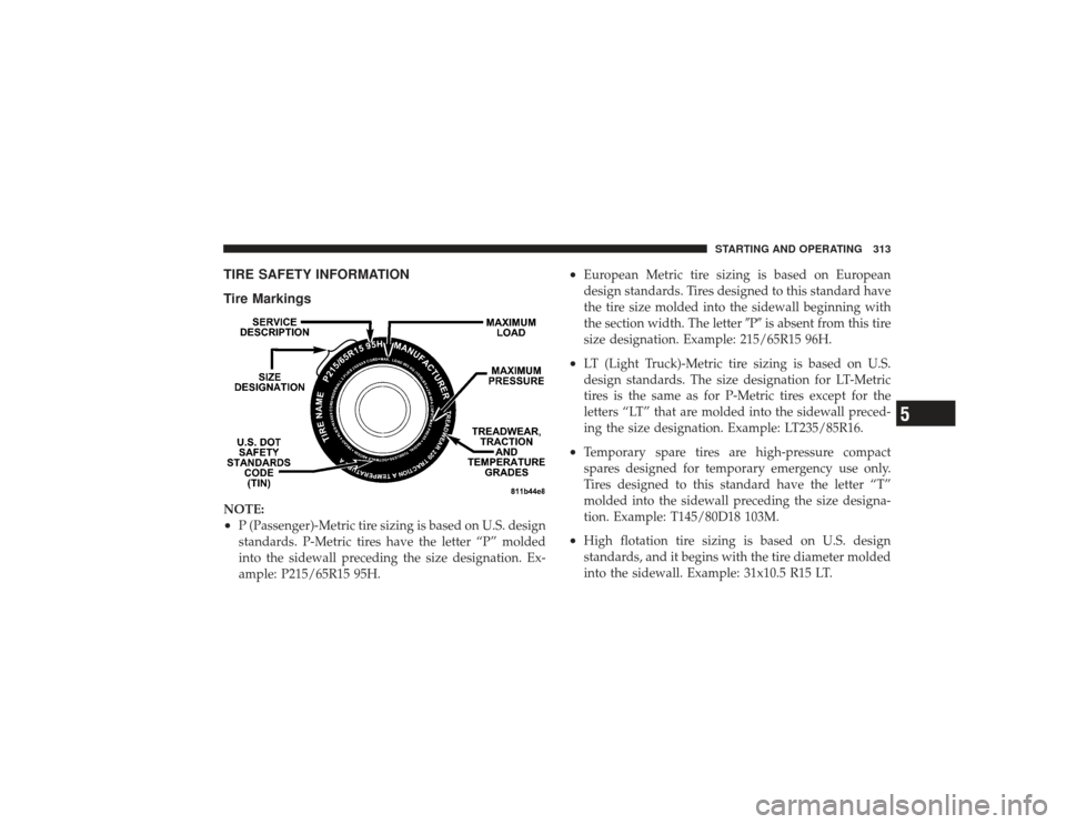 CHRYSLER PT CRUISER 2008 1.G Owners Manual TIRE SAFETY INFORMATION
Tire MarkingsNOTE:•
P (Passenger)-Metric tire sizing is based on U.S. design
standards. P-Metric tires have the letter “P” molded
into the sidewall preceding the size des CHRYSLER PT CRUISER 2008 1.G Owners Manual TIRE SAFETY INFORMATION
Tire MarkingsNOTE:•
P (Passenger)-Metric tire sizing is based on U.S. design
standards. P-Metric tires have the letter “P” molded
into the sidewall preceding the size des