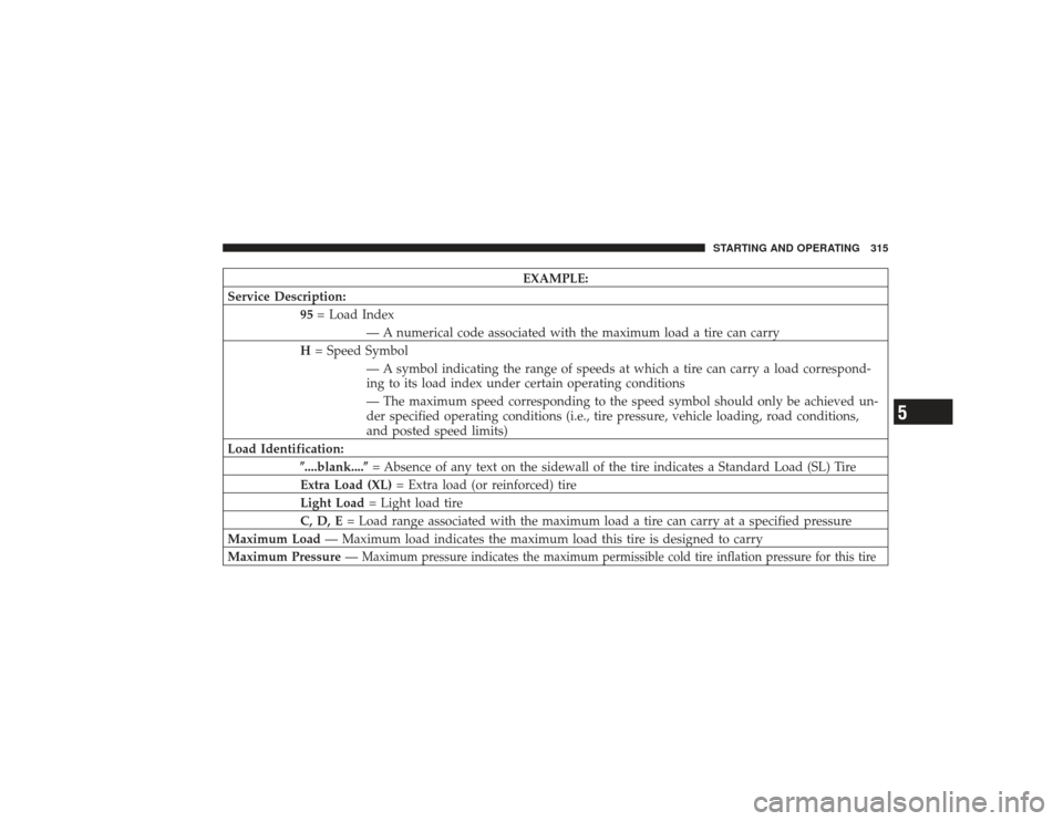 CHRYSLER PT CRUISER 2008 1.G Owners Manual EXAMPLE:
Service Description: 95= Load Index
— A numerical code associated with the maximum load a tire can carry
H = Speed Symbol
— A symbol indicating the range of speeds at which a tire can car