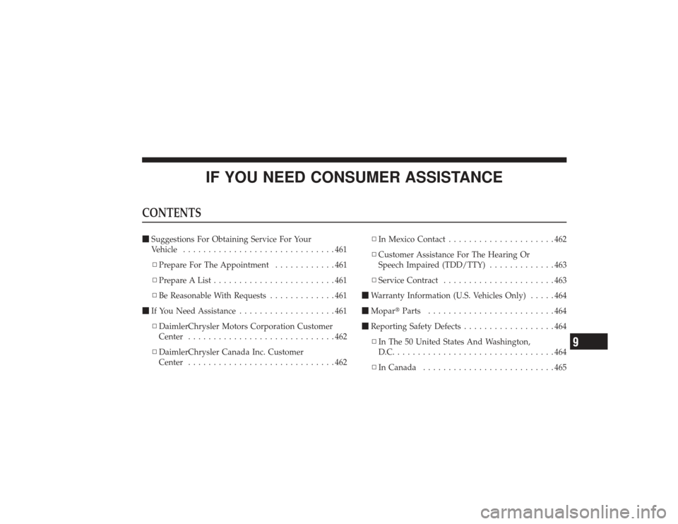 CHRYSLER PT CRUISER 2008 1.G Owners Manual IF YOU NEED CONSUMER ASSISTANCE
CONTENTSSuggestions For Obtaining Service For Your
Vehicle ..............................461
▫ Prepare For The Appointment ............461
▫ Prepare A List .......