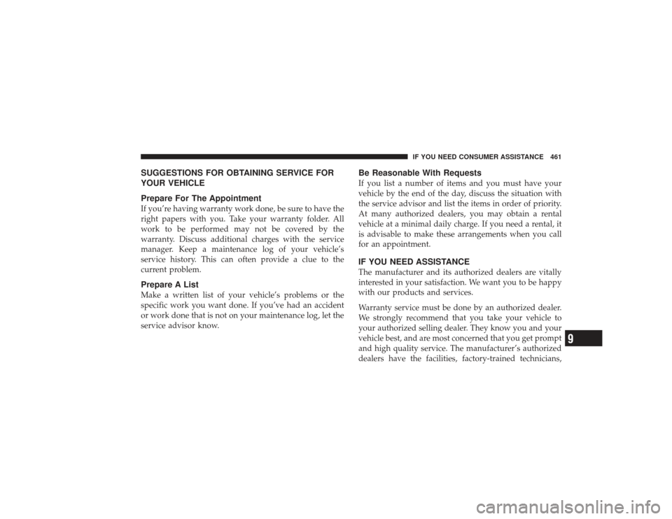CHRYSLER PT CRUISER 2008 1.G Owners Manual SUGGESTIONS FOR OBTAINING SERVICE FOR
YOUR VEHICLE
Prepare For The AppointmentIf you’re having warranty work done, be sure to have the
right papers with you. Take your warranty folder. All
work to b