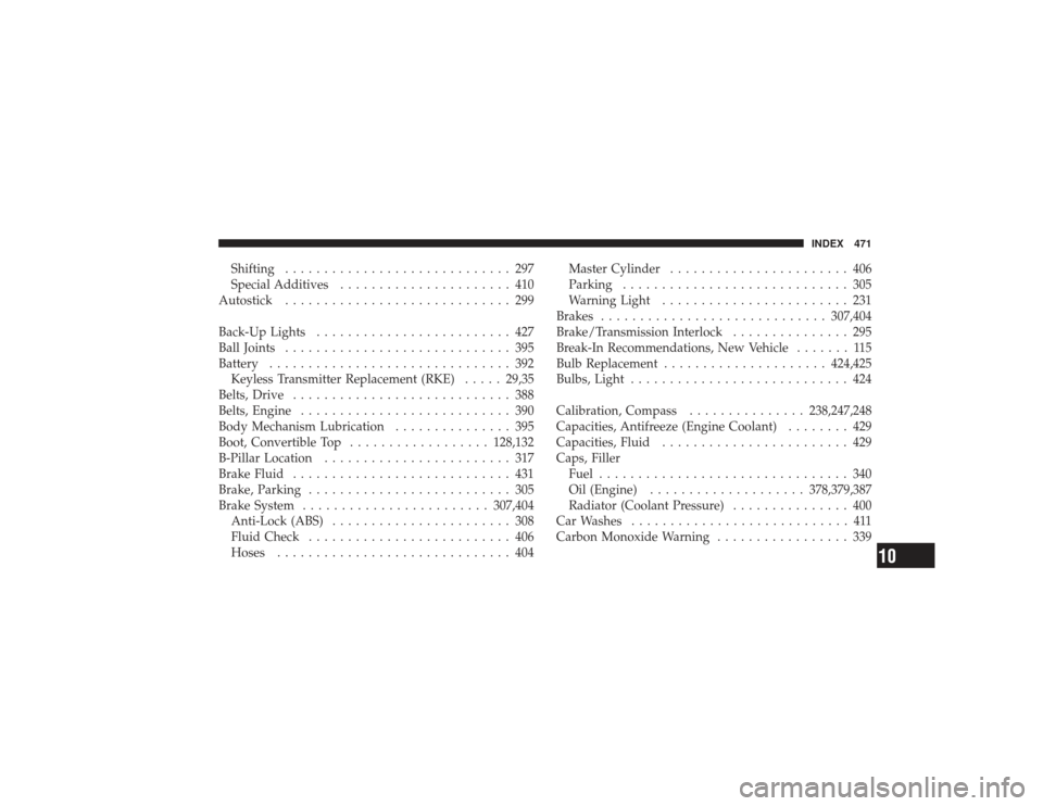 CHRYSLER PT CRUISER 2008 1.G Service Manual Shifting............................. 297
Special Additives ...................... 410
Autostick ............................. 299
Back-Up Lights ......................... 427
Ball Joints ............