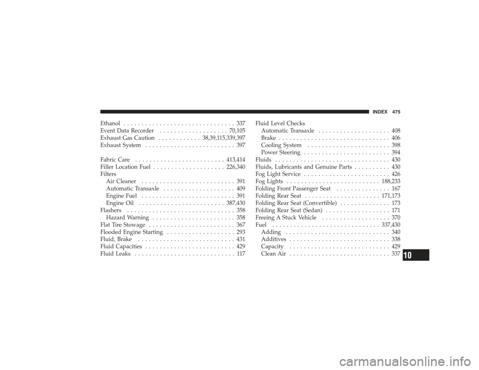 CHRYSLER PT CRUISER 2008 1.G Owners Manual Ethanol............................... 337
Event Data Recorder ................... 70,105
Exhaust Gas Caution ............38,39,115,339,397
Exhaust System ......................... 397
Fabric Care ...