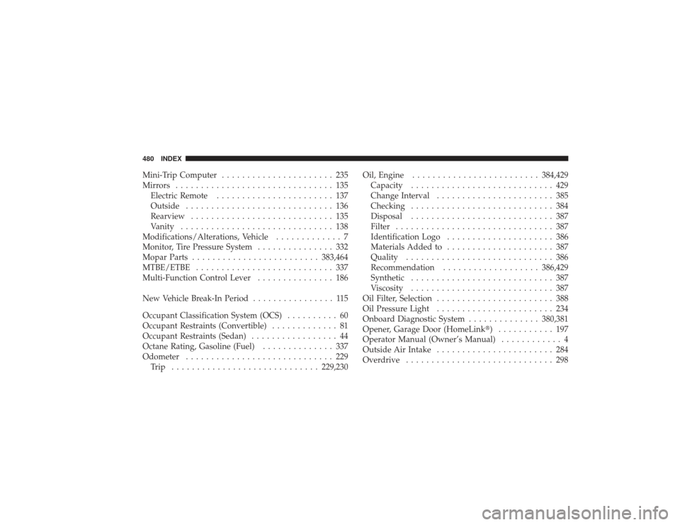 CHRYSLER PT CRUISER 2008 1.G Service Manual Mini-Trip Computer...................... 235
Mirrors ............................... 135
Electric Remote ....................... 137
Outside ............................. 136
Rearview ................